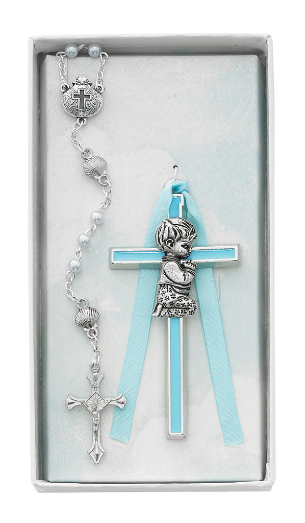 Baby Set - Blue Crib Cross and Blue Rosary Set Boxed