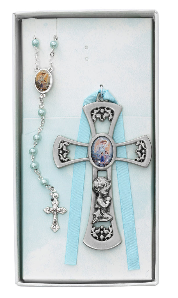 Baby Set - Crib Cross and Blue Rosary Set Boxed