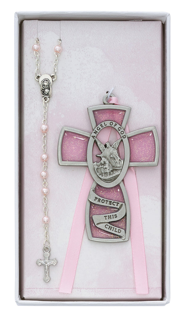 Baby Set - Pink Crib Cross and Pink Rosary Set, Boxed