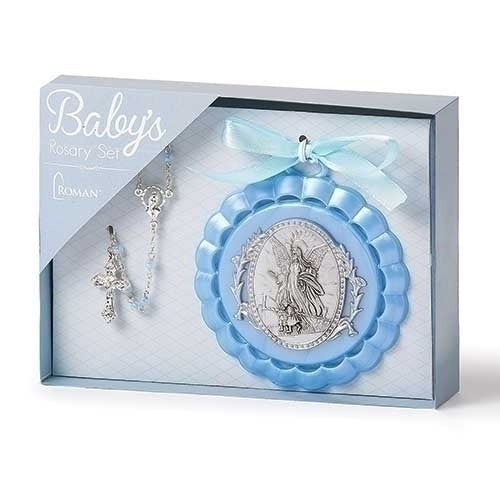 Cradle Medal and Rosary Set Blue 4.25"H