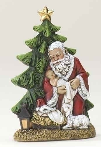 Santa Kneeling with Baby Jesus by Tree Slim Figure 6.25"H