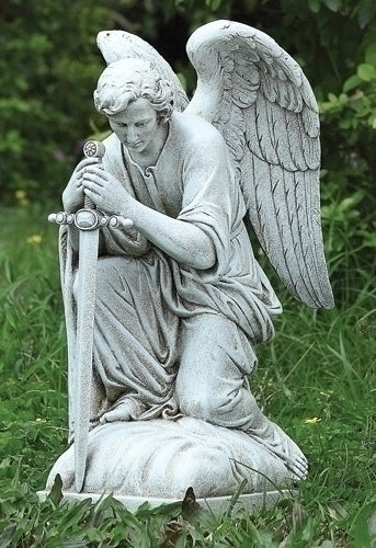 Kneeling Angel with Sword Garden Statue 13.25"H