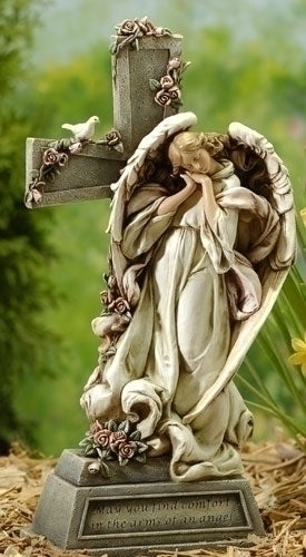 Angel with Cross Memorial Garden Statue 14.75"H