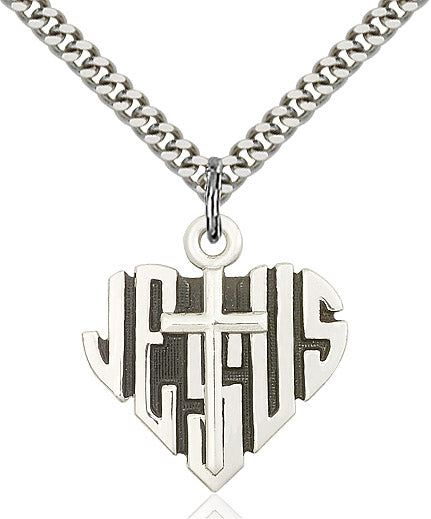 Heart of Jesus Cross Necklace Sterling Silver 24"