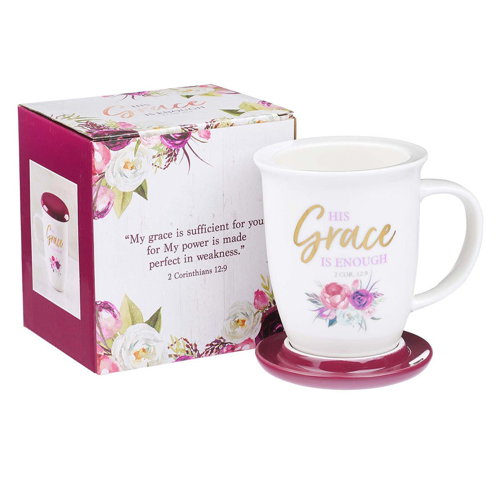 His Grace is Enough Lidded Ceramic Mug in Pink Plum - 2 Corinthians 12:9