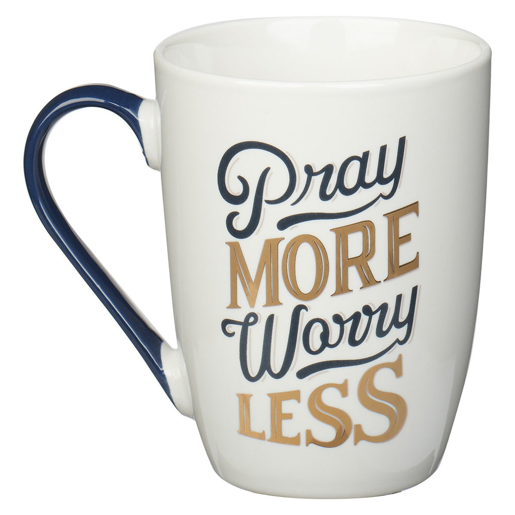 Pray More Worry Less Navy and Gold Ceramic Coffee Mug