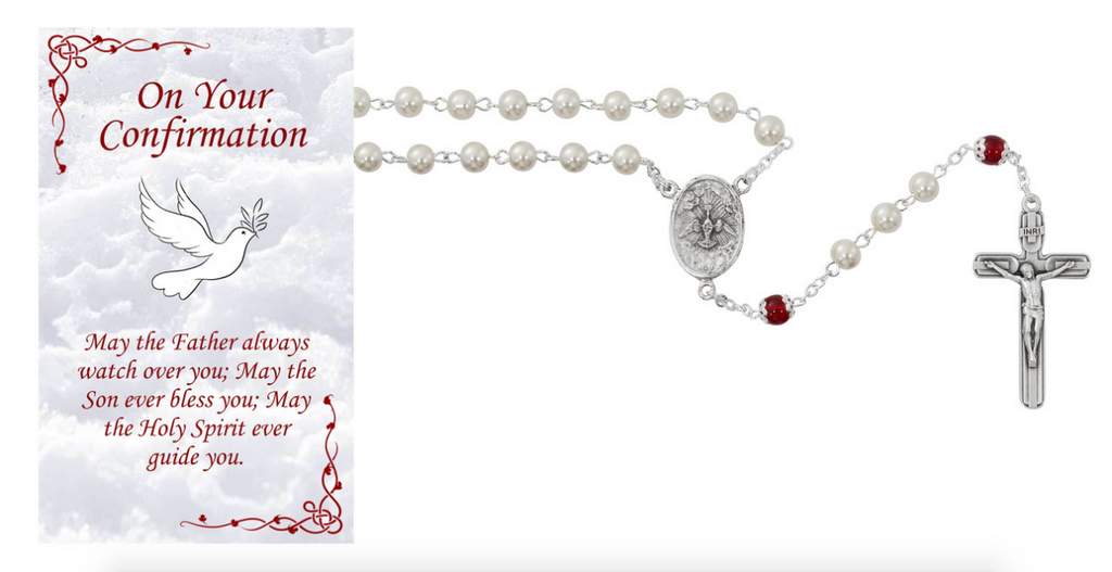 Pearl Confirmation Rosary with Prayer Card