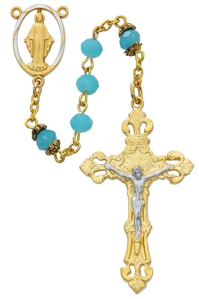 Rosary - Gold Aqua Glass Rosary Boxed