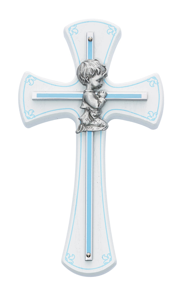 Cross - 7in White and Blue Baby Boy Praying Cross