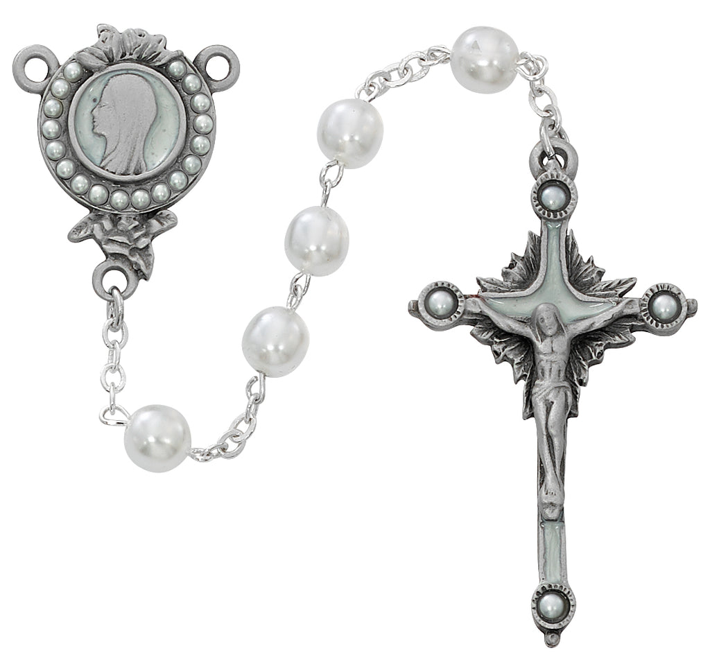 Rosary - White Glass Pearl like Rosary Boxed