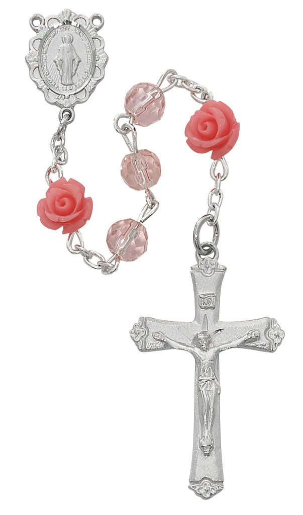 Rosary - Pink and Roses Glass Rosary Boxed