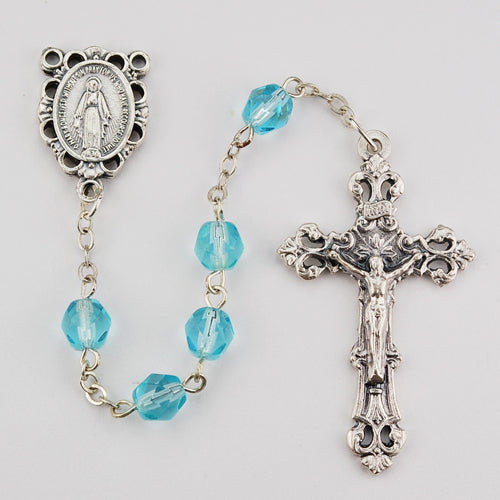 Birthstone Rosary - Aqua Glass March Rosary Boxed