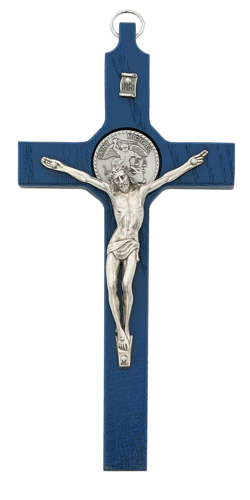 St. Michael Crucifix - 8" Blue Painted Wood St. Michael Crucifix, Boxed