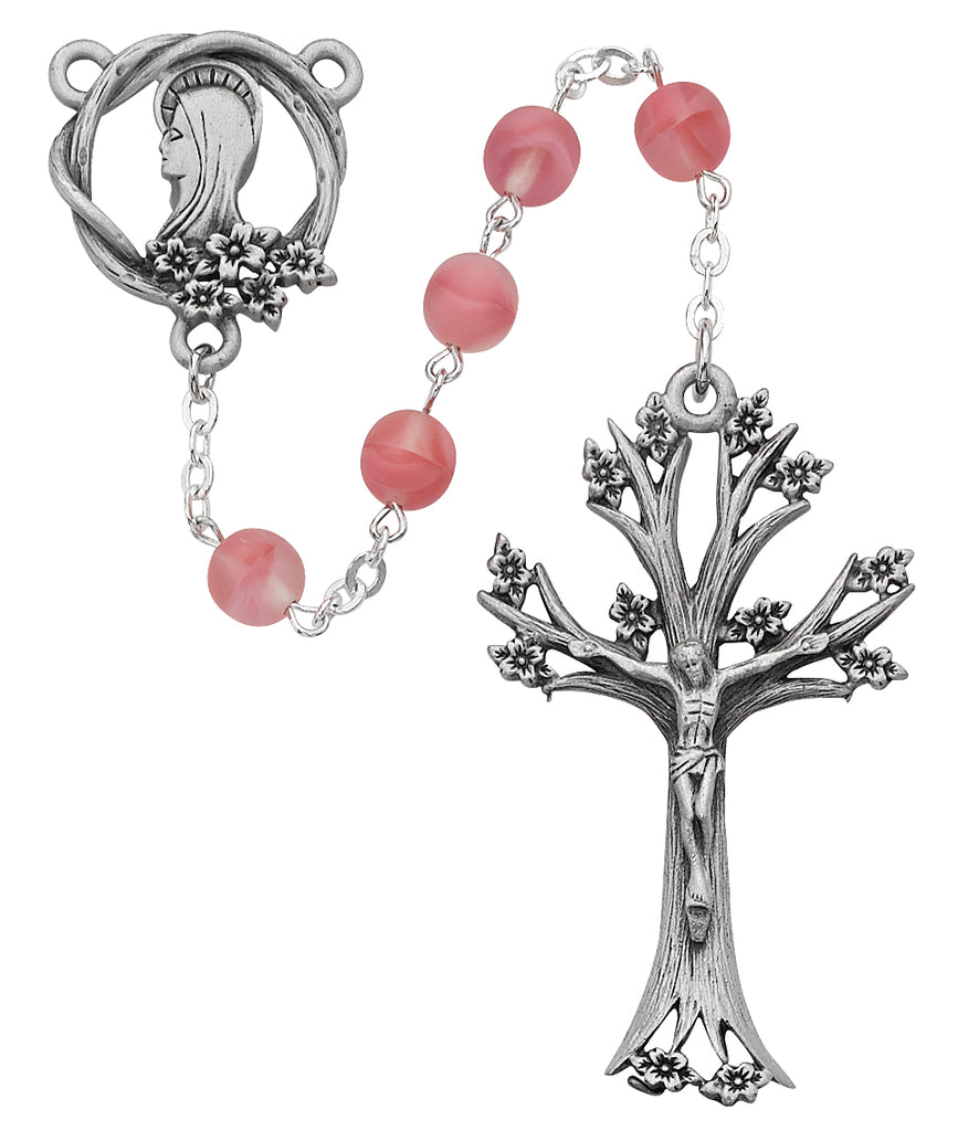 Rosary - Pink Glass Dogwood Rosary Boxed