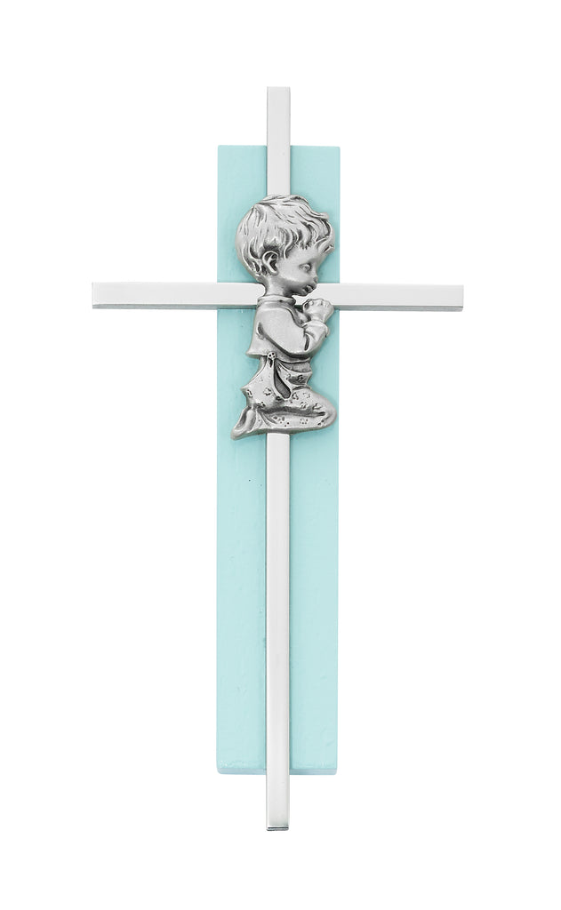 Wall Cross - 6in Blue Wood Praying Boy on Silver Cross Boxed