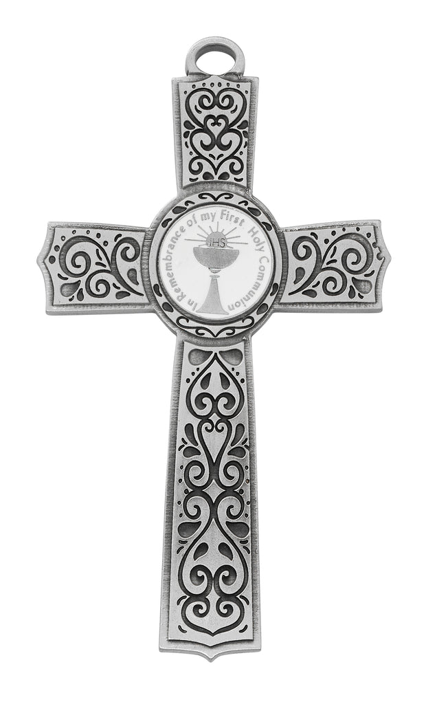 Cross - 6in Pewter Communion Cross with White Epoxy, Box