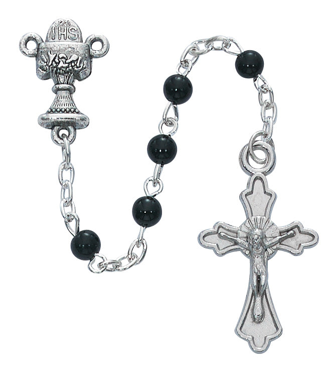Rosary - Black Glass Communion Rosary with Cross Box