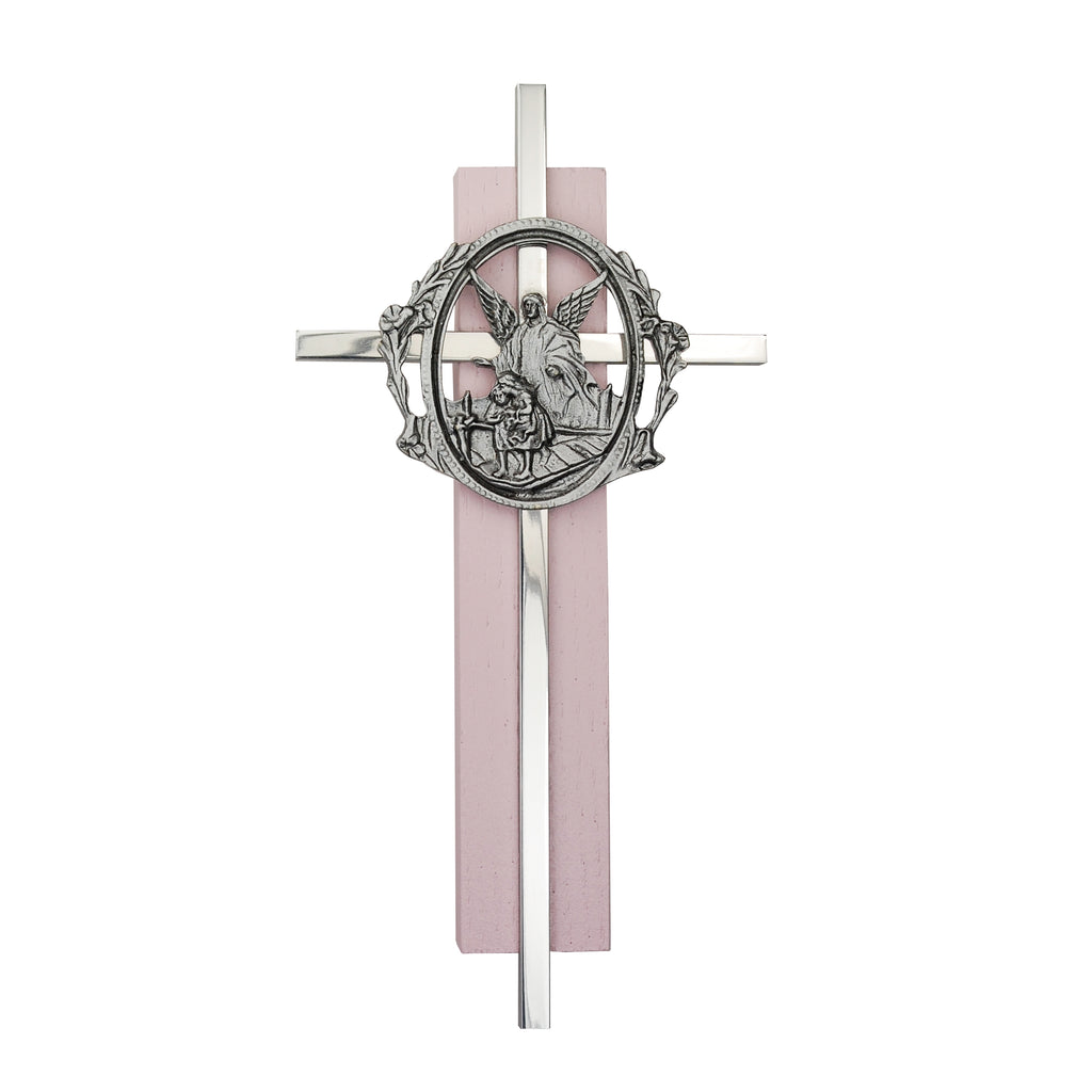 Wall Cross - 6in Pink Wood Guardian Angel Silver Cross Boxed
