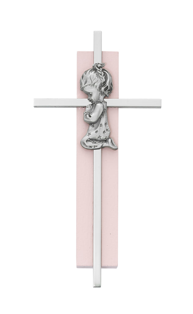 Wall Cross - 6in Pink Wood Praying Girl on Silver Cross Boxed
