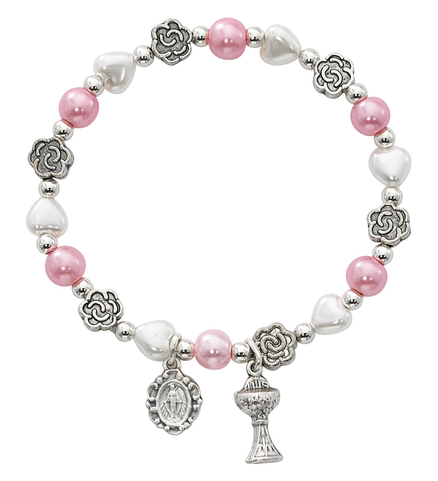 Bracelet - Imitation Pink and Pearl Heart Stretch Communion Bracelet Carded