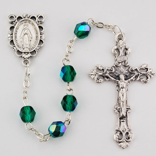 Birthstone Rosary - Dark Green Glass May Rosary Boxed