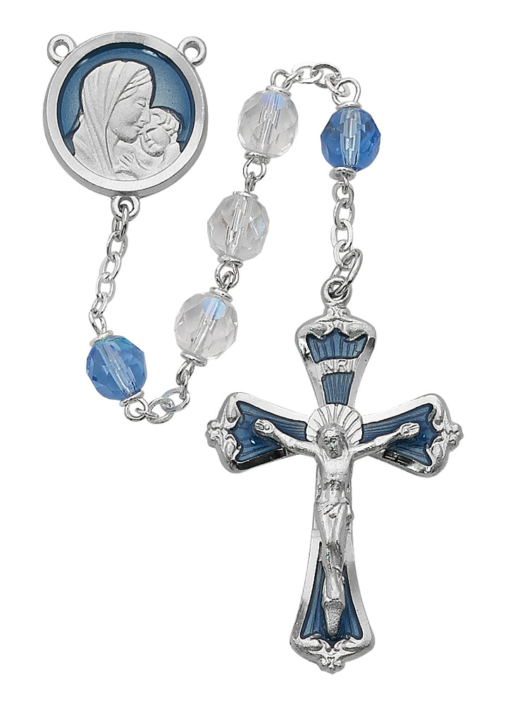 Mother and Child Rosary - Blue and Crystal Rosary Boxed