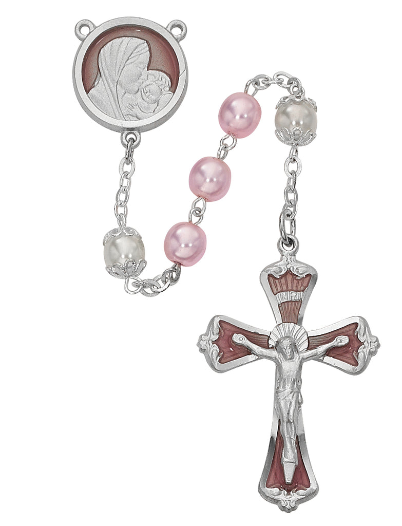 Mother and Child Rosary - Pink Pearl like  Glass Rosary Boxed