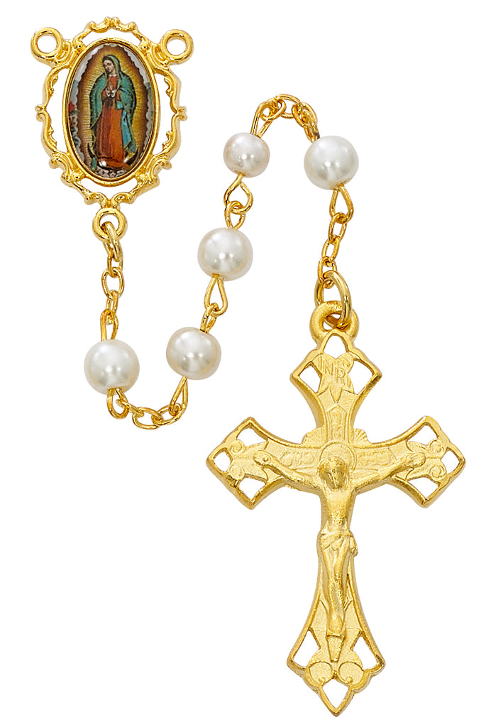 Our Lady of Guadalupe Rosary - Pearl like Glass Boxed