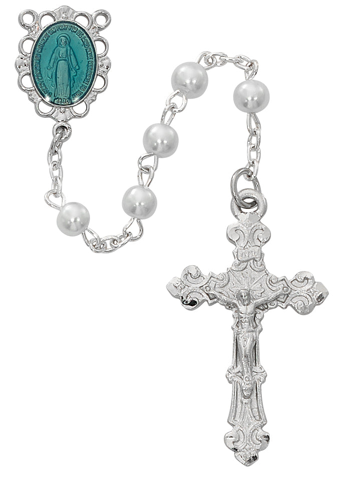 Rosary - White with Blue Miraculous Rosary Boxed
