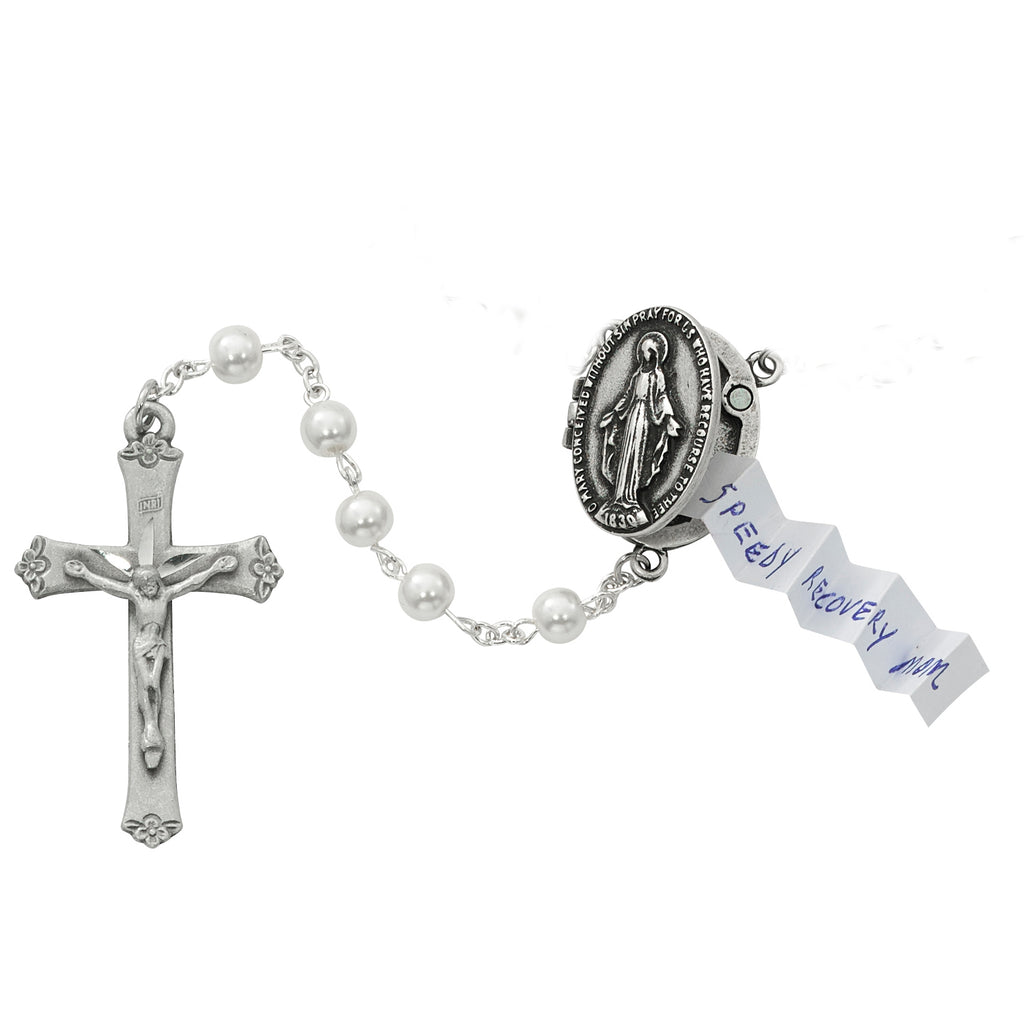 Prayer Petition Locket Rosary - Pearl Boxed