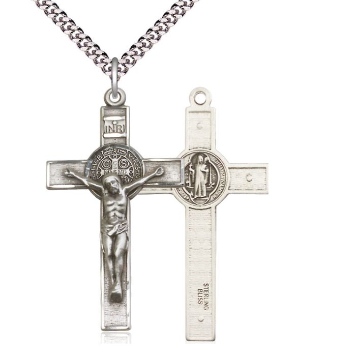 St. Benedict Sterling Silver Crucifix Necklace 24" Chain | Bliss
