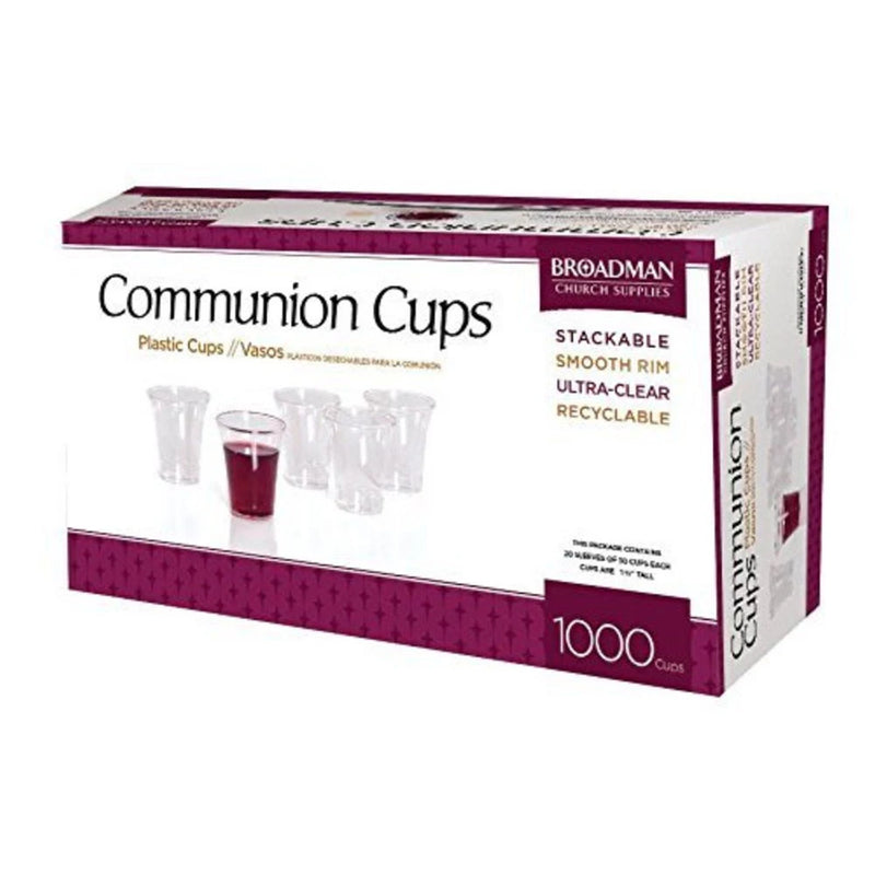 Box of Broadman Church Supplies Communion Cups with a glass of wine on a white background