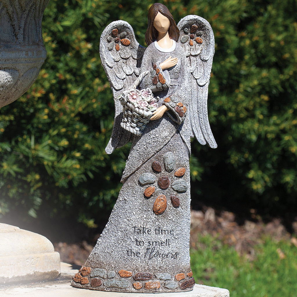 Angel with Basket Pebble Statue 14"H