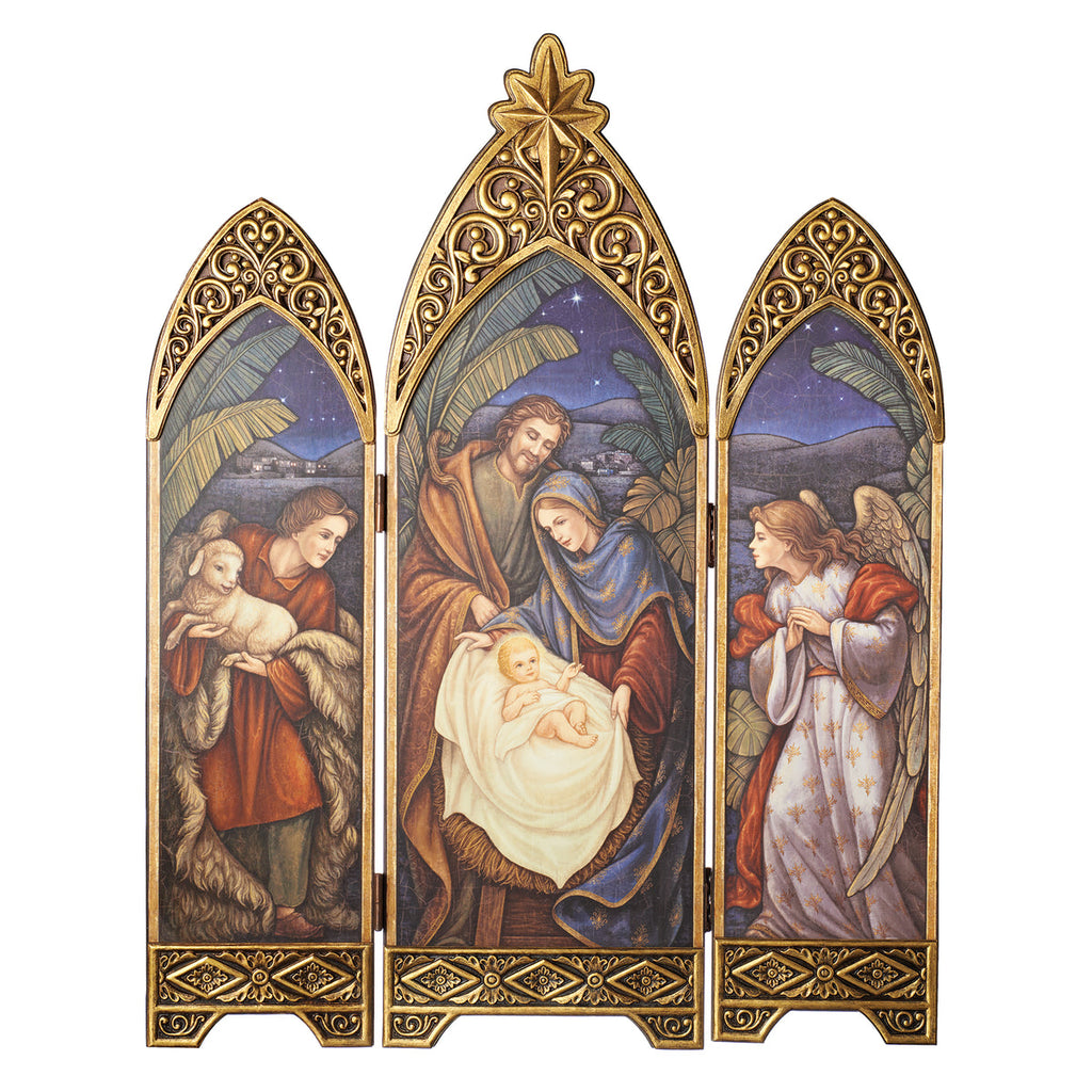 Nativity Triptych with Shepherd, Holy Family, and Angel 36.25"H