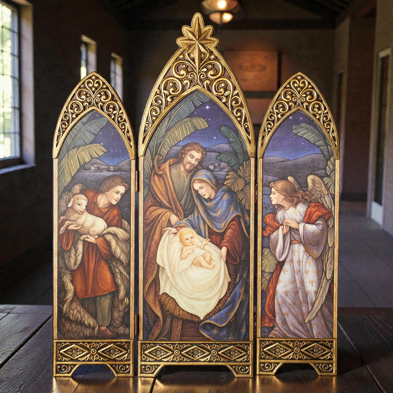 Nativity Triptych with Shepherd, Holy Family, and Angel 36.25"H