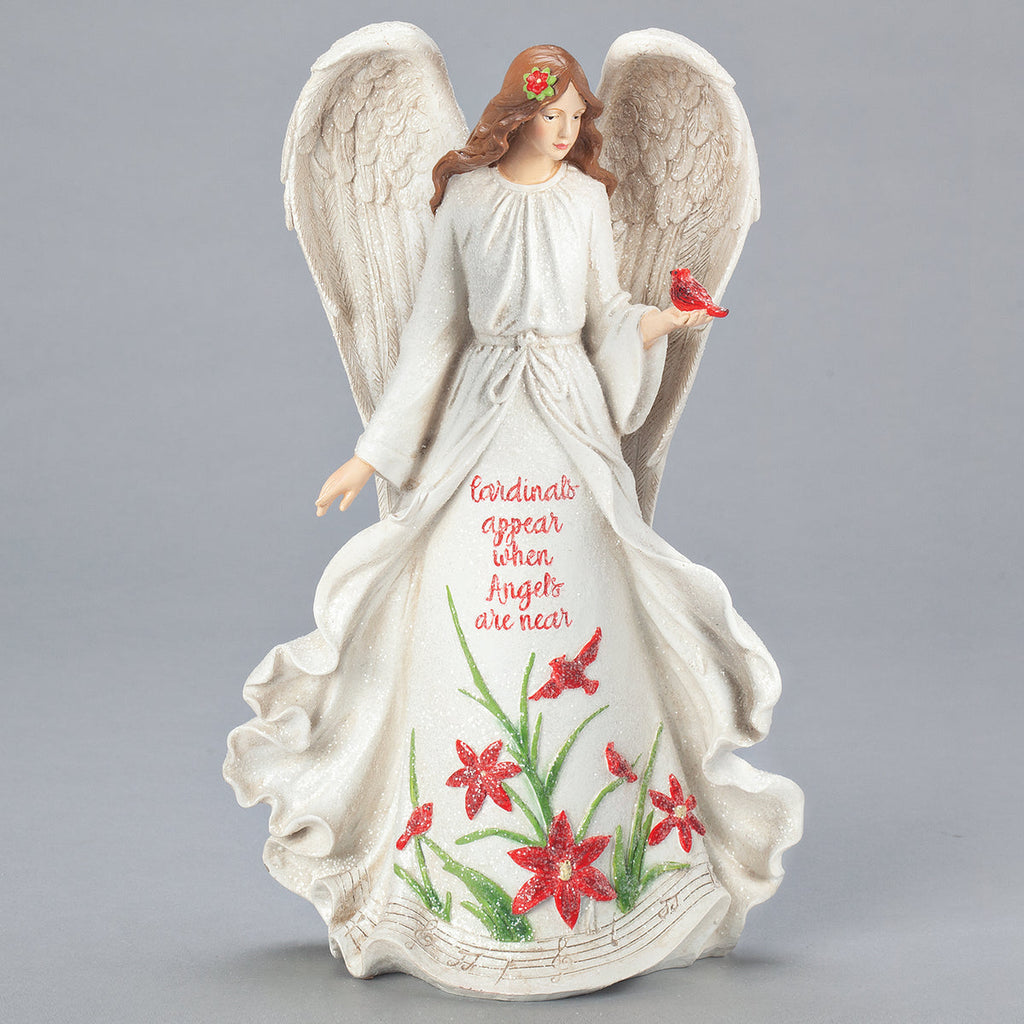 Angel Figure with Poinsettia and Cardinals 13"H