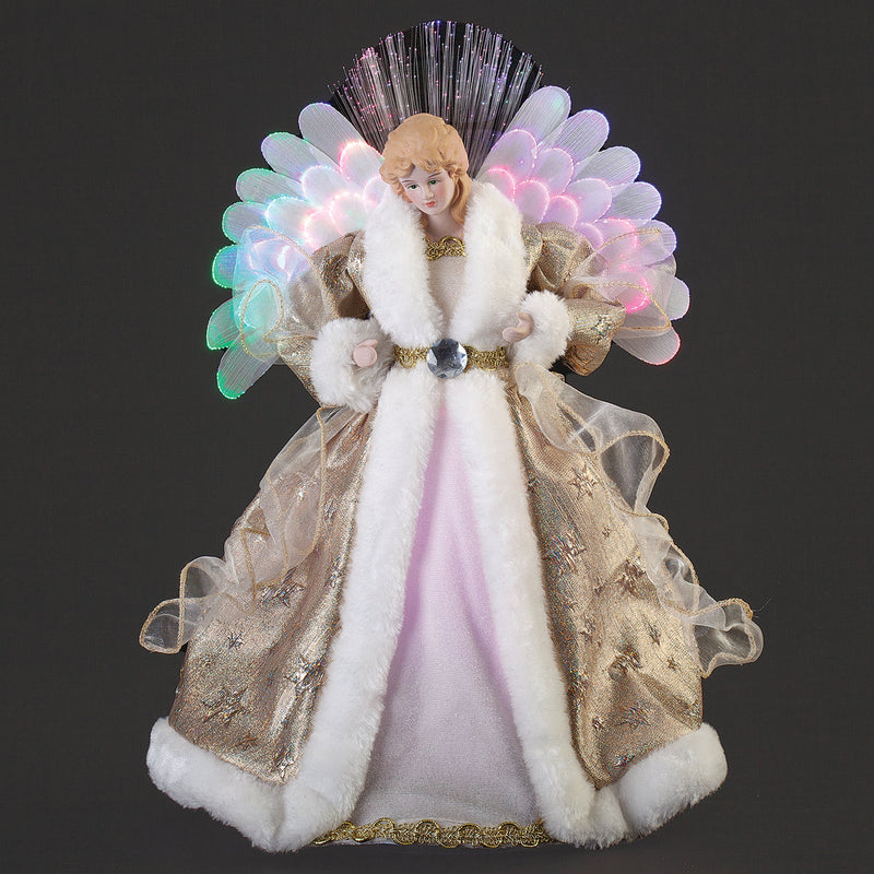 Lighted Angel with Gold Gown Treetopper with Fiber Optic Wings 16"H
