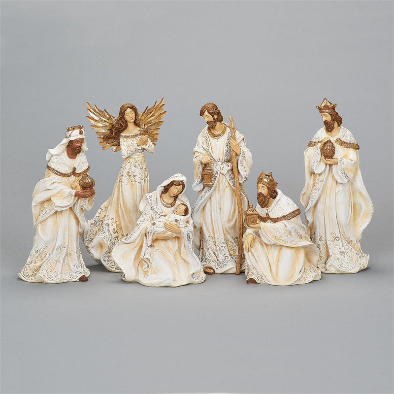 Roman 12"H 6-Piece Set Nativity Cream Gown with Gold Rope Trim