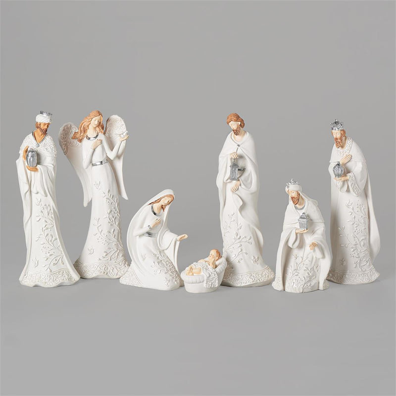 Roman 12"H 7-Piece Set Nativity White with Pearl Leaf Pattern