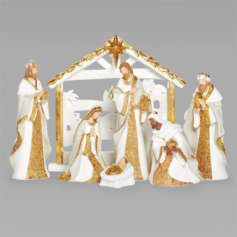 Roman 11"H 7-Piece Set Nativity; White with Gold Pattern