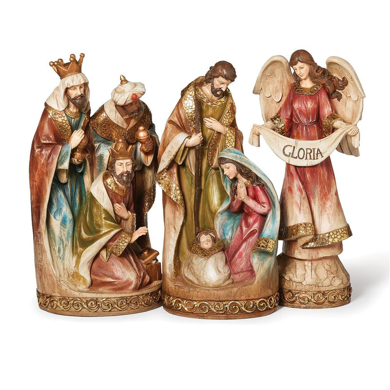 Roman 13"H 3-Piece Set Nativity Hammered Collar; Holy Family, 3K, Angel