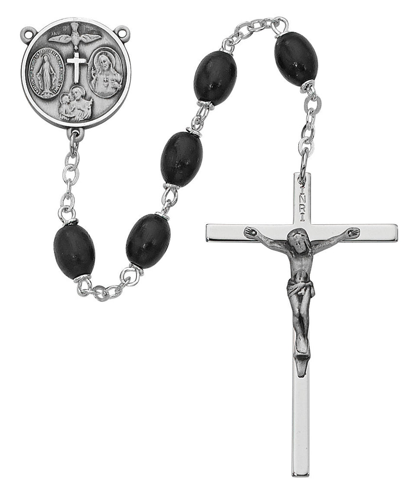 Black Wood Oval Rosary, Sterling Silver