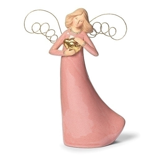 Angel in Pink Holding Golden Hearts 7.5"