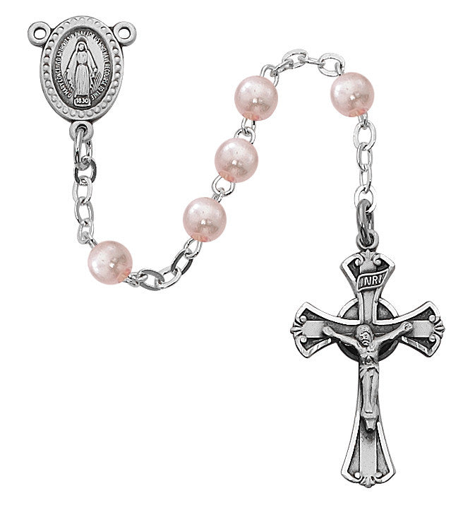 Pink Glass Youth Rosary, Sterling Silver