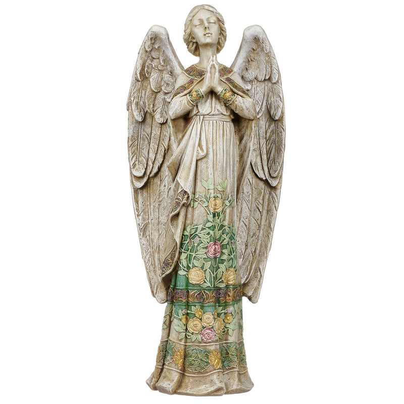 Praying Angel in Rose-Patterned Gown Garden Statue 24"H