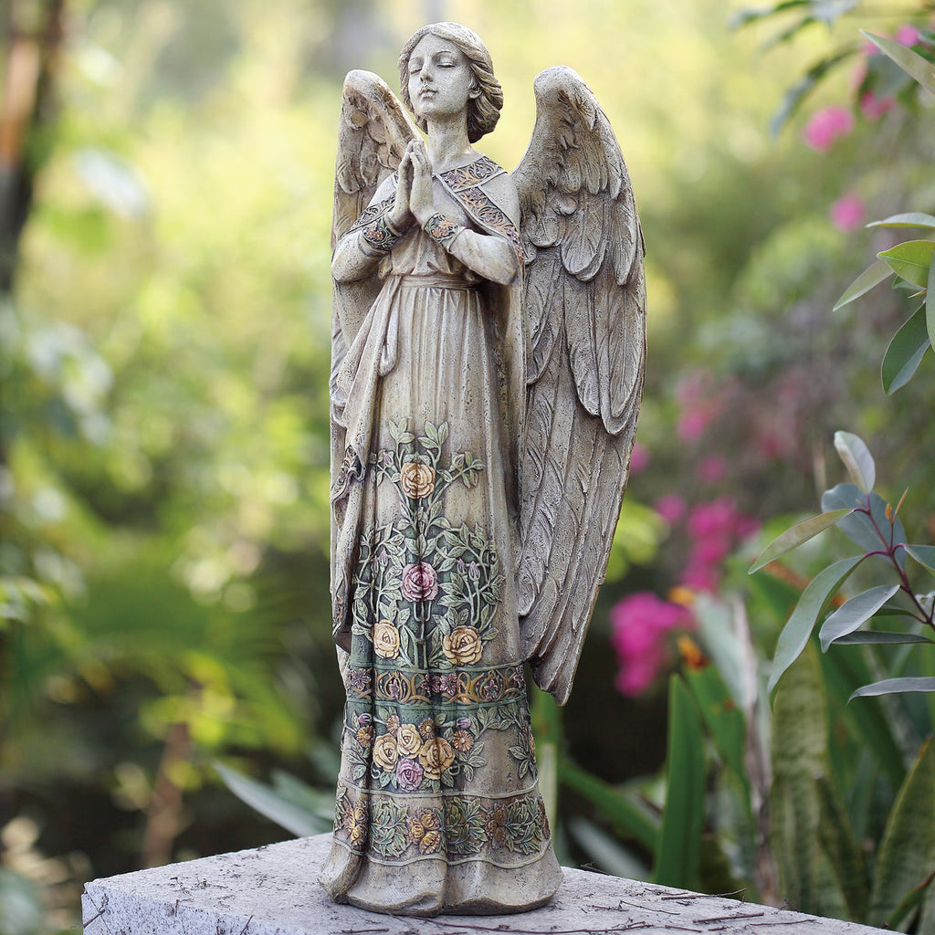 Praying Angel in Rose-Patterned Gown Garden Statue 24"H