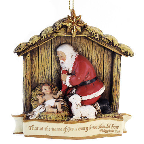 Santa Kneeling to Baby Jesus Ornament 3.5"H