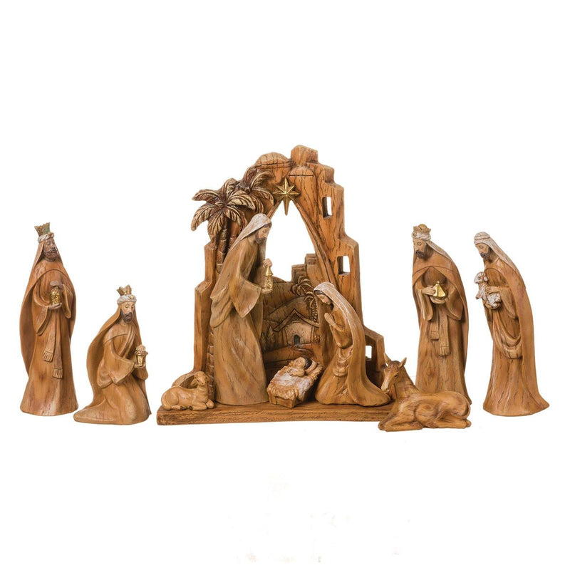Roman 12"H 10-Piece Set Carved Nativity with Back Drop; Faux Wood Grain