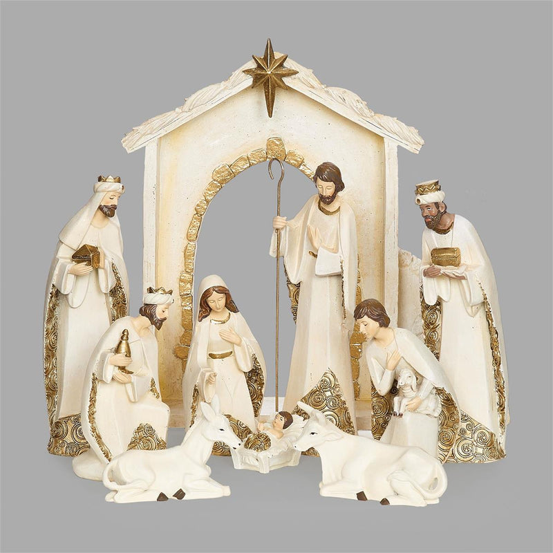 Roman 12"H 10-Piece Set Ivory Nativity Trim In Gold; Figures