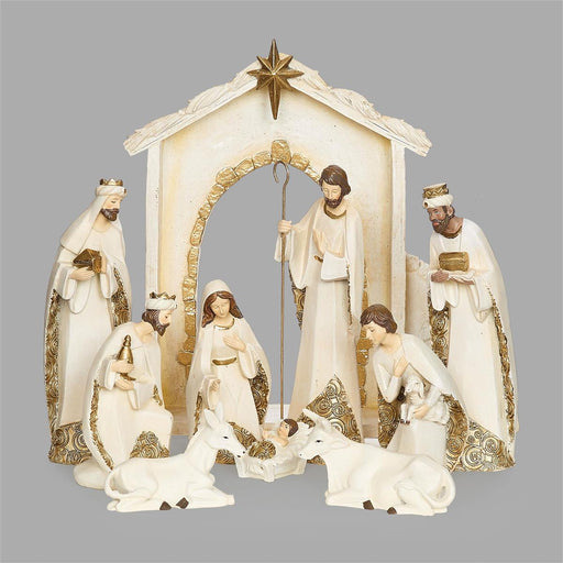 Roman 12"H 10-Piece Set Ivory Nativity Trim In Gold; Figures